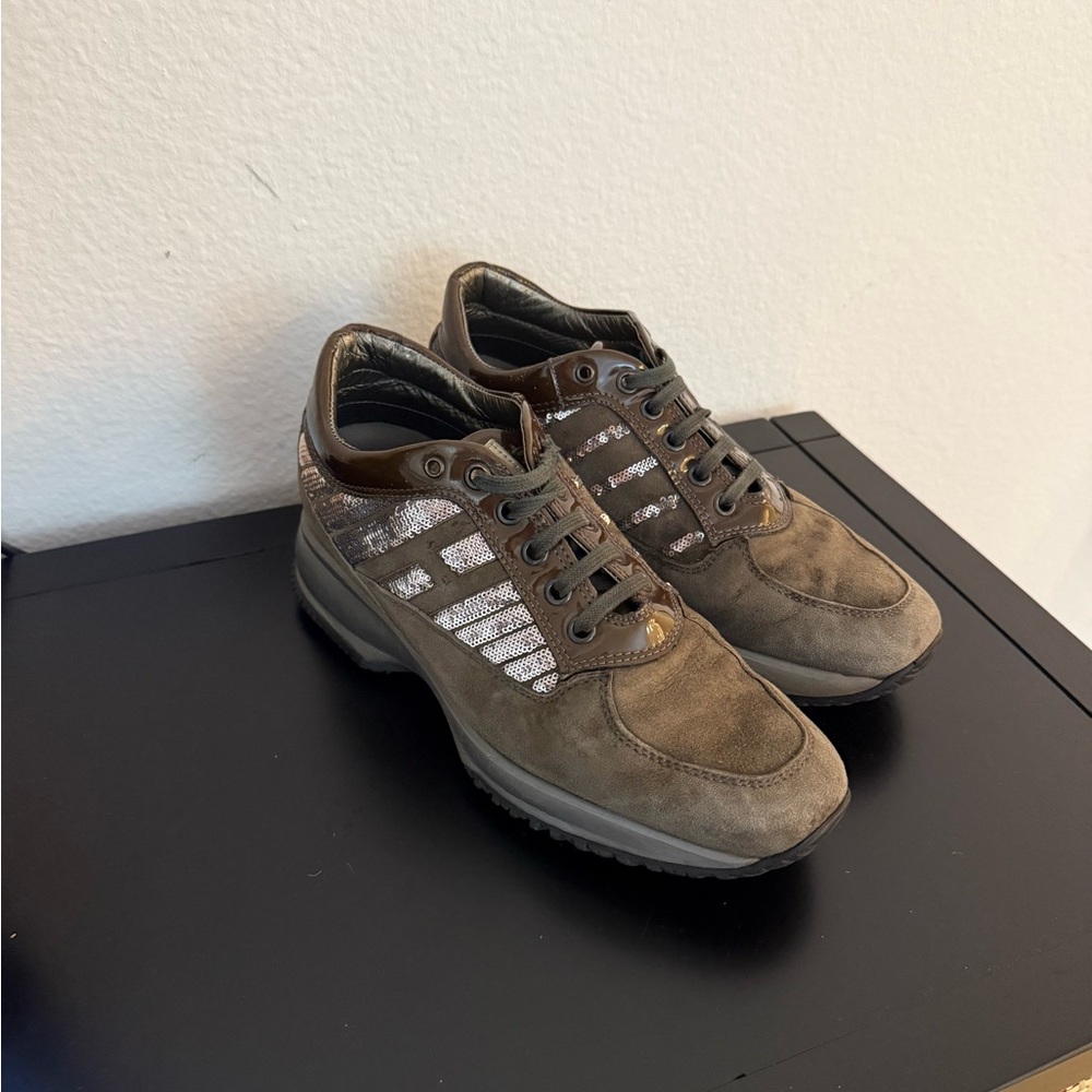 Hogan Suede Interactive Lace Up Sneakers, Grey, Size 6.5
